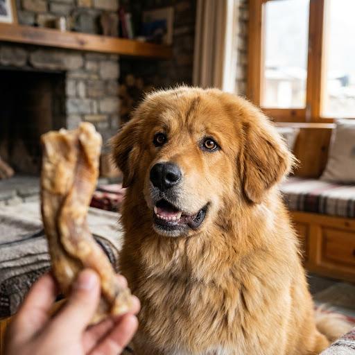A golden retriever offered a Chewmandu yak cheese chew by the fireplace